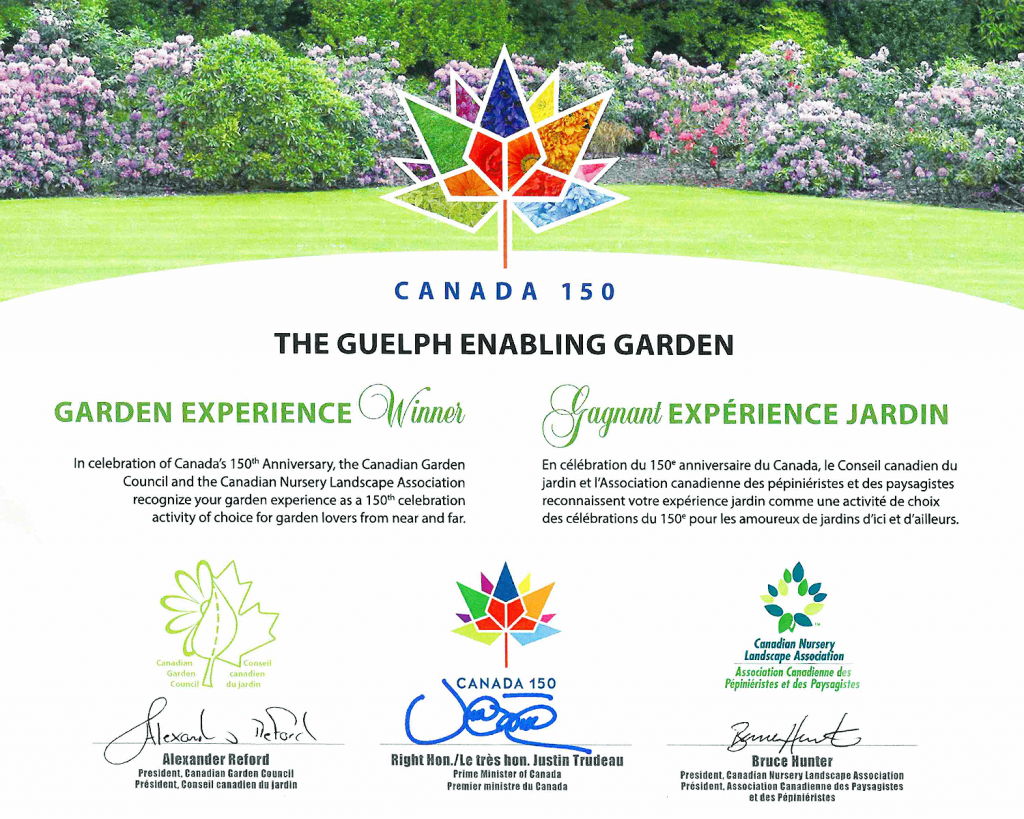 certificate announcing the guelph enabling garden as one of Canada's top 150 gardens. Signed by Justin Trudeau and representatives from the Canadian Garden Council and the Canadian Nursery Council